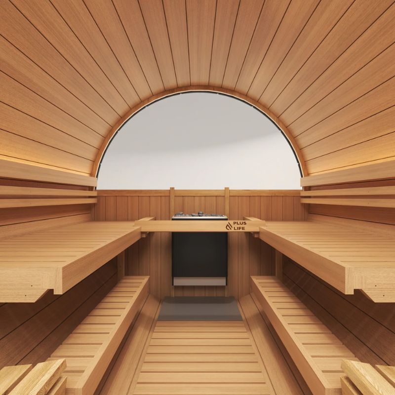 PlusLife 6-8 Person Meridian Barrel Outdoor Traditional Sauna Inside View