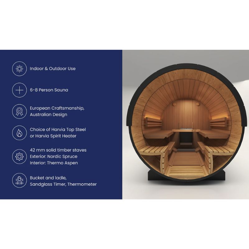 PlusLife 6-8 Person Meridian Barrel Outdoor Traditional Sauna Specifications