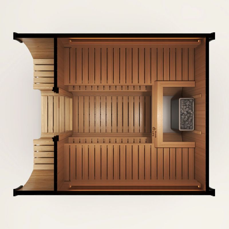 PlusLife 6-8 Person Meridian Barrel Outdoor Traditional Sauna Inside Look in Top View
