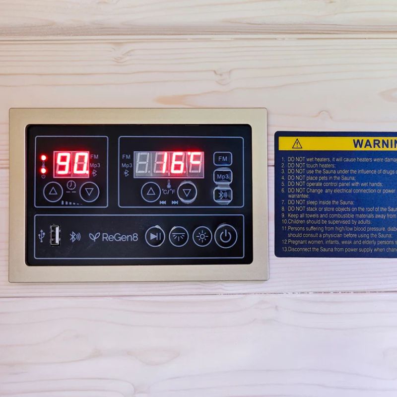 ReGen8 Duo 2 Person Outdoor Infrared Sauna in Natural Colour Control  Panel Look