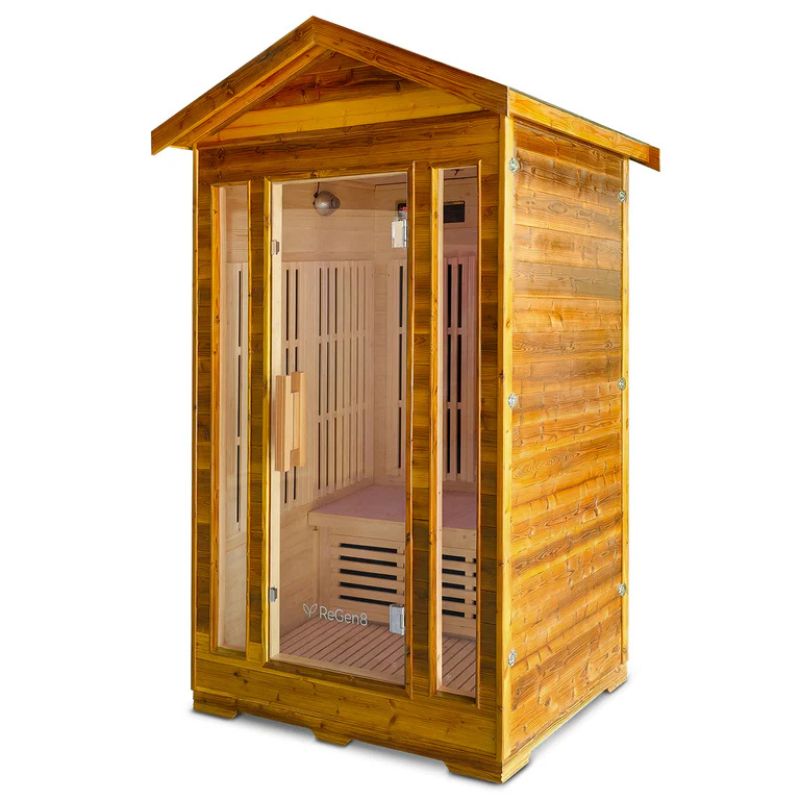 ReGen8 Duo 2 Person Outdoor Infrared Sauna in Natural Colour Front Right Side View