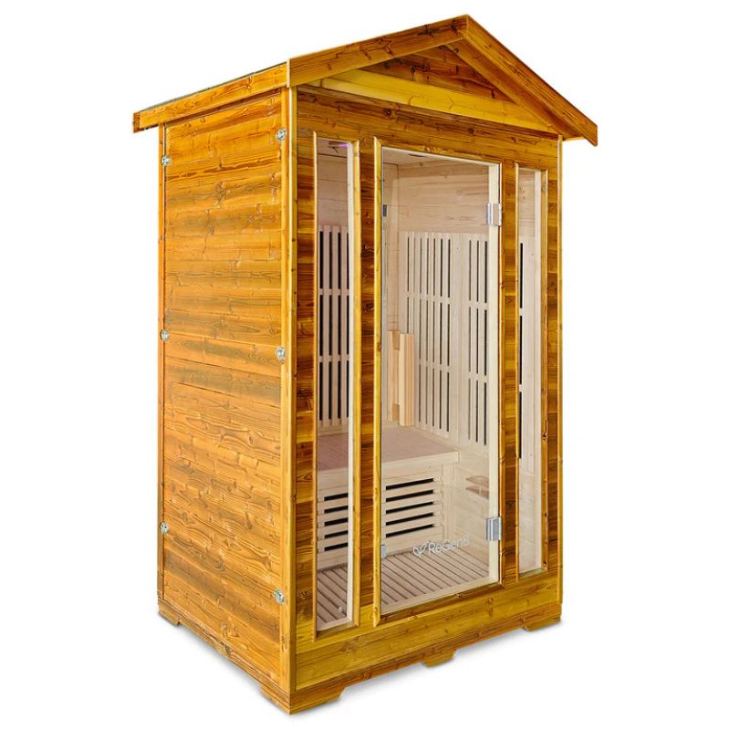 ReGen8 Duo 2 Person Outdoor Infrared Sauna in Natural Colour Front Left Side View