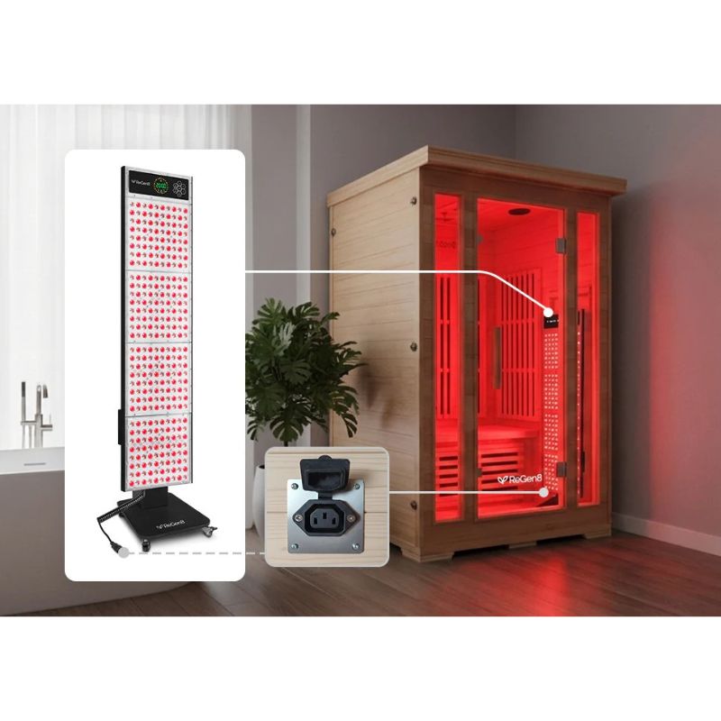 ReGen8 Duo 2 Person White Indoor Infrared Sauna with Red Light Therapy Panel Inside and the look of the Power Port
