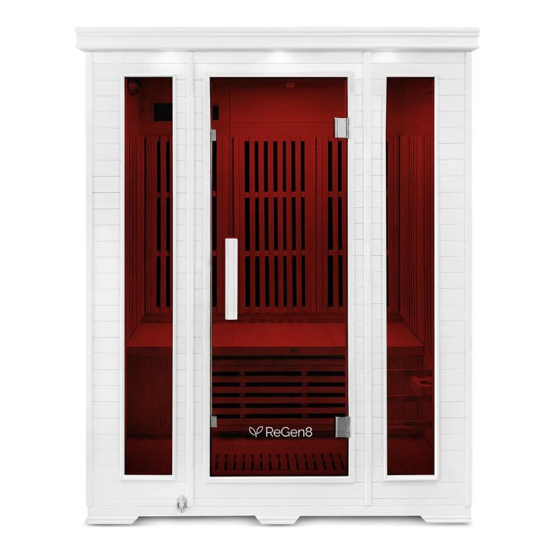ReGen8 Trio 3 Person White Indoor Infrared Sauna in Front View