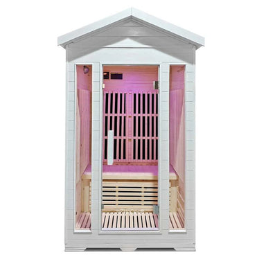 ReGen8 Duo 2 Person White Outdoor Infrared Sauna Front View with Lights On Inside