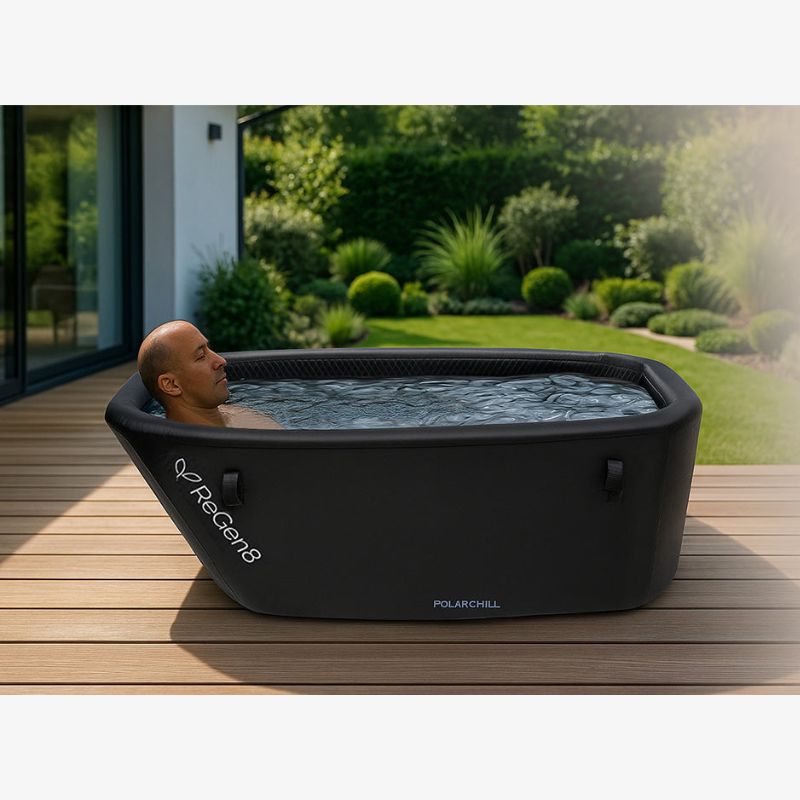 ReGen8 PolarChill Cold Plunge Portable Ice Bath with Male Model Using It Outdoor