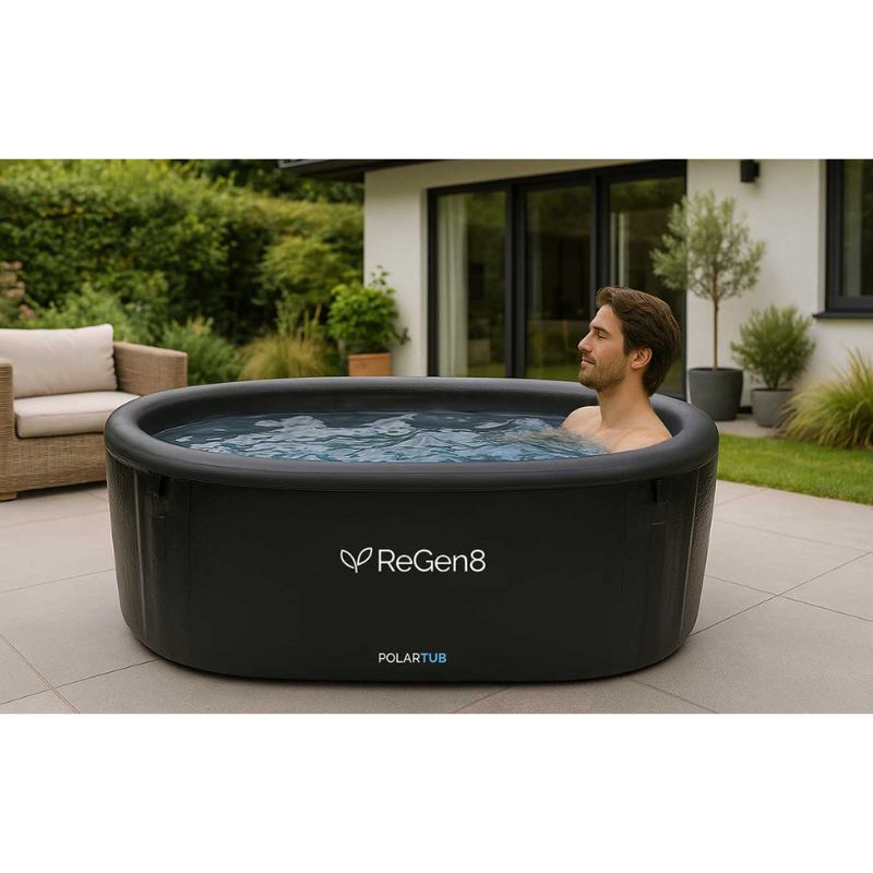 ReGen8 PolarTub Cold Plunge Portable Ice Bath with Male Model Using It Outdoor