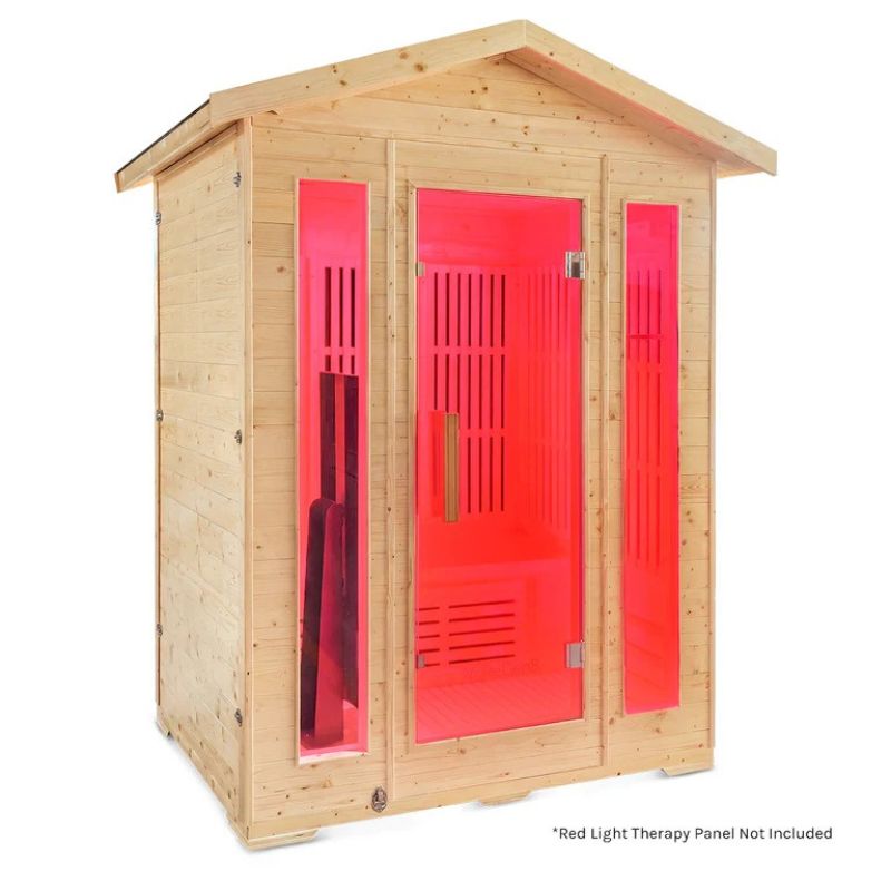 ReGen8 Trio 3 Person Outdoor Infrared Sauna with Red Light Theraphy Panel Inside Look when Turned On