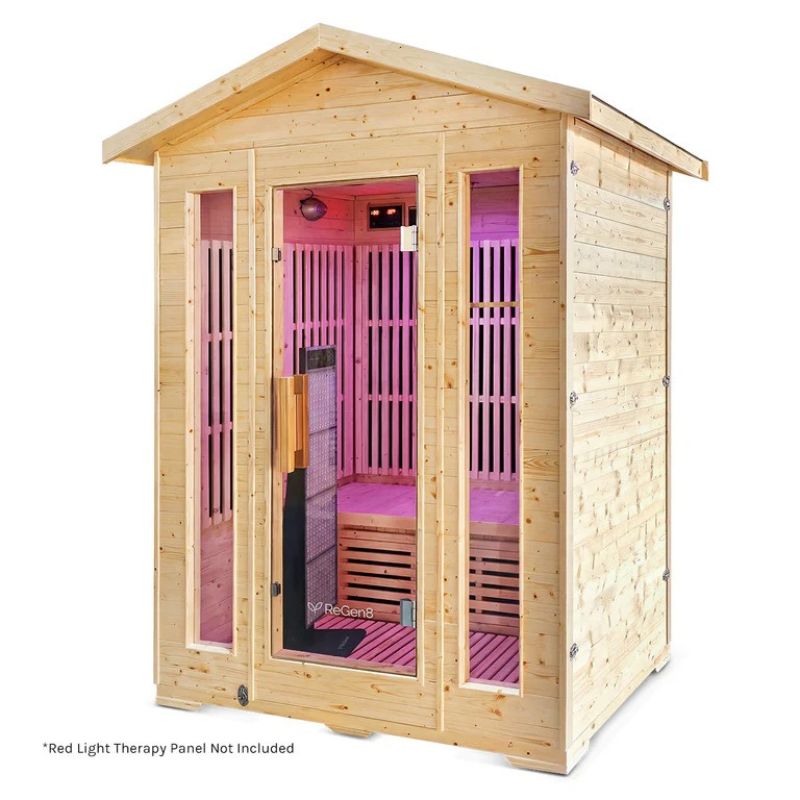 ReGen8 Trio 3 Person Outdoor Infrared Sauna Right Side View with Red Light Panel