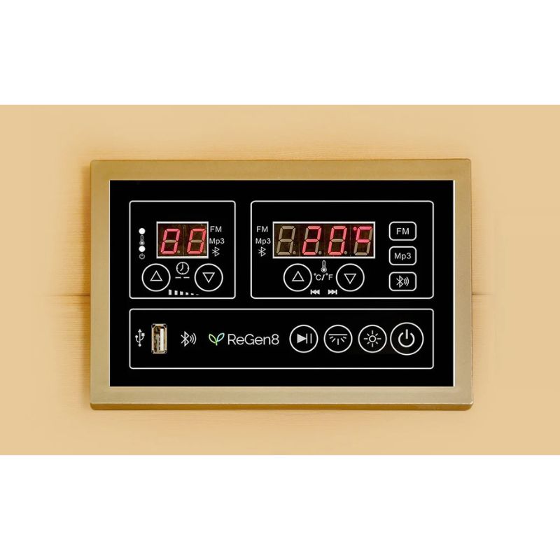 Regen8 Trio 3 Person White Outdoor Infrared Sauna Control Panel Display Look