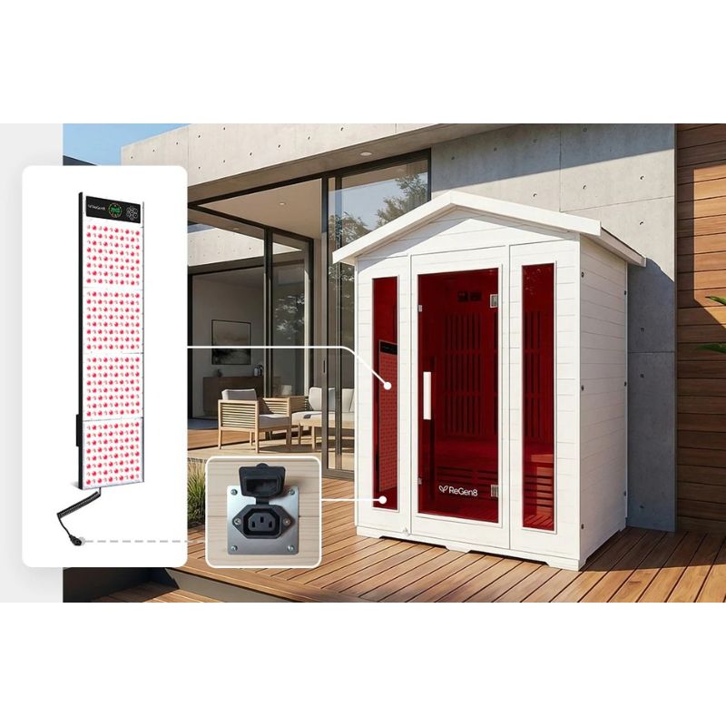 Regen8 Trio 3 Person White Outdoor Infrared Sauna in Outdoor Location with Red Light Panel Inside