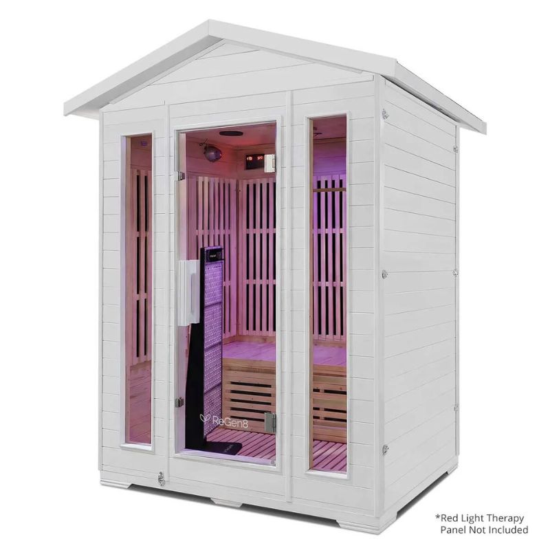 Regen8 Trio 3 Person White Outdoor Infrared Sauna Right Side with Red Light Panel Inside