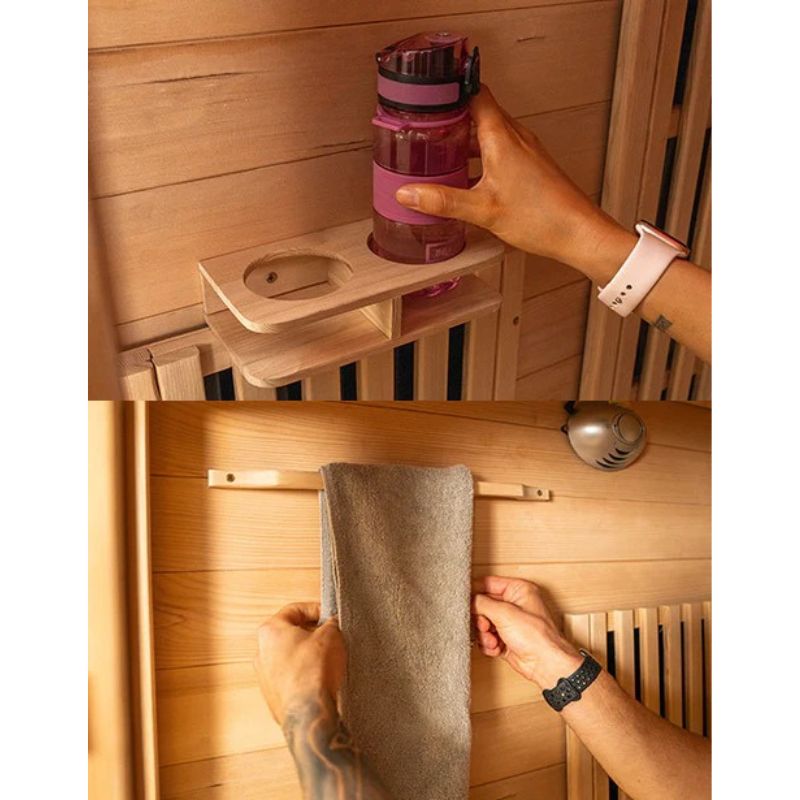 Regen8 Trio 3 Person White Outdoor Infrared Sauna with Storage Rack Inside Look