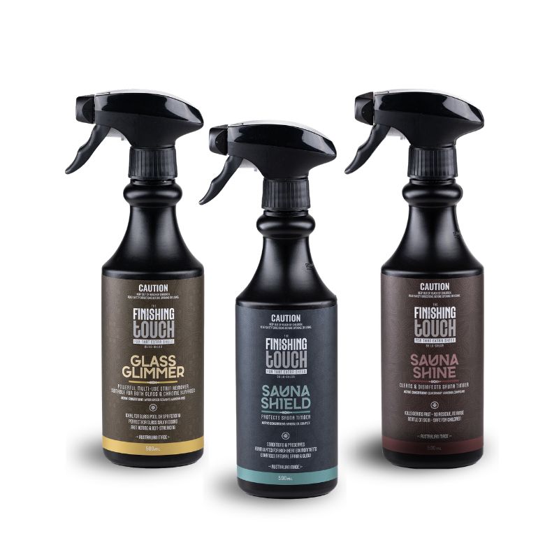Lochlor The Finishing Touch Sauna Care Bundle inclusions in a Black Colour Bottle Spray