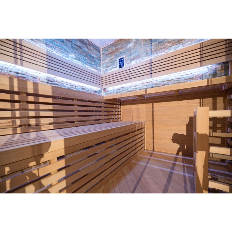 Whyric Imperium 10 Person Traditional Sauna with White LED Light On, Benches and Control Display Look Inside