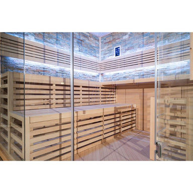 Whyric Imperium 10 Person Traditional Sauna with White LED Light On and Complete Look of Benches Outside View