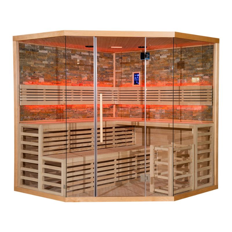 Whyric Imperium 10 Person Traditional Sauna with Red LED Light On Front View