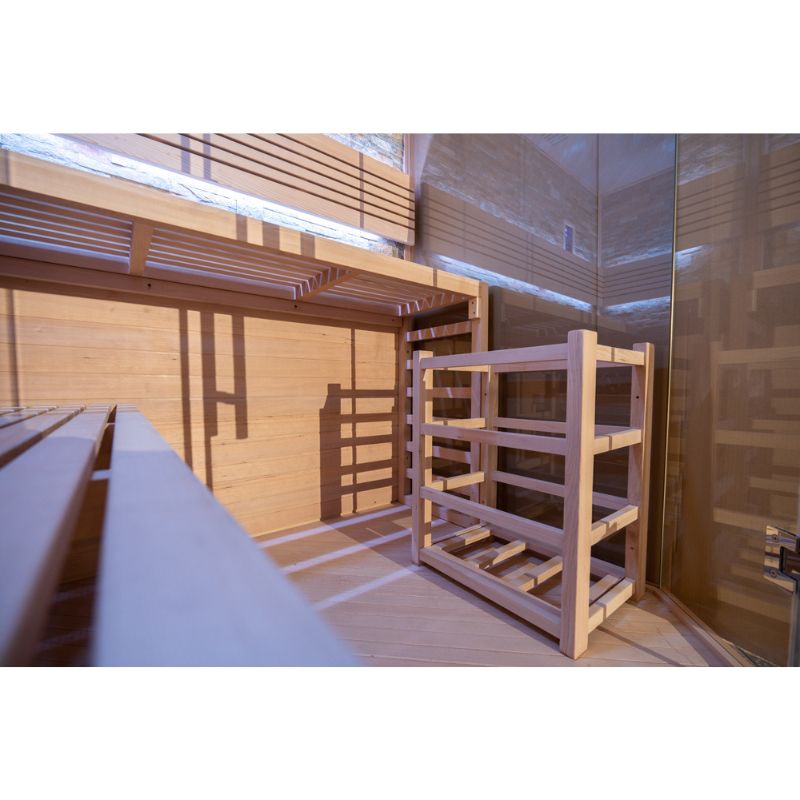 Whyric Imperium 10 Person Traditional Sauna with White LED Light On and Closer Look of Bench Wood