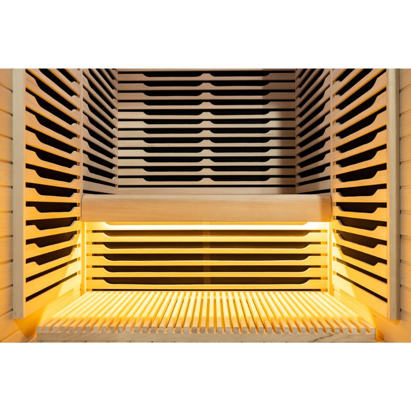 Whyric Wellness 2 Person Hemlock Infrared Sauna Front View of the Bench
