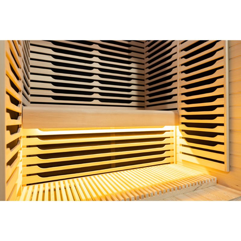Whyric Wellness 2 Person Hemlock Infrared Sauna Another Look of the Bench Inside the Sauna