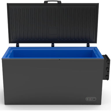 best chest freezer for ice bath in black colour front view while the lid is open