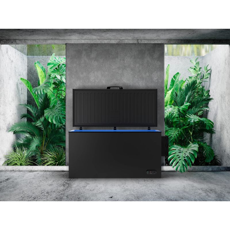 chest freezer cold plunge indoor with plants behind