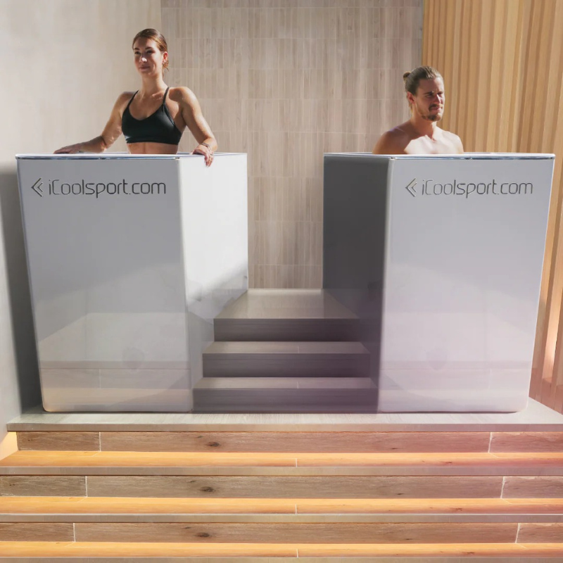 iCoolSport MiPod Pro Hot Plunge Pool in Pearl Grey Colour with Person using each bath