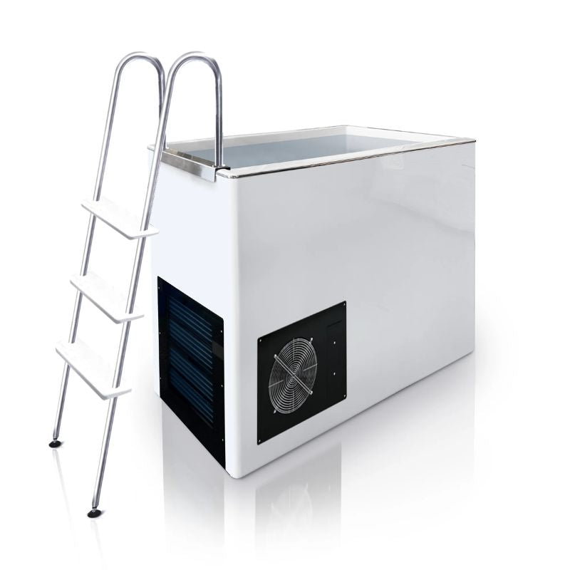 iCoolsport MiPod Pro Ladder attached to white ice bath