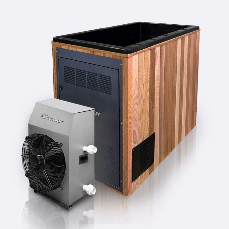 iCoolsport MiPod Pro Cedar with External Turbo Chiller look of the bath with chiller without the stair