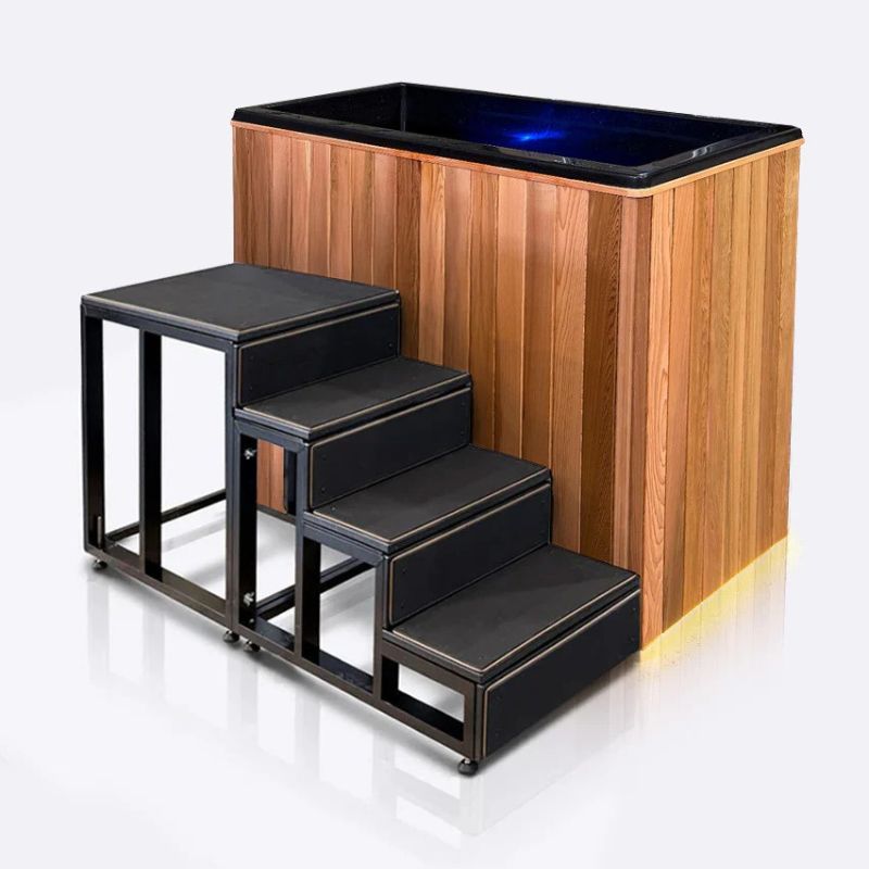 iCoolsport MiPod Pro Cedar with External Turbo Chiller Look of the bath and stair without the chiller